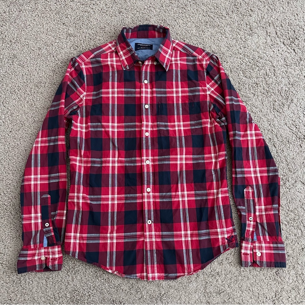 American Eagle Outfitters Prep Fit Red Plaid Button Up Shirt Mens S